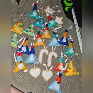 Christmas Ornaments Fabric Felt Buttons Gnomes Stars Trees ++ Lot Of 23